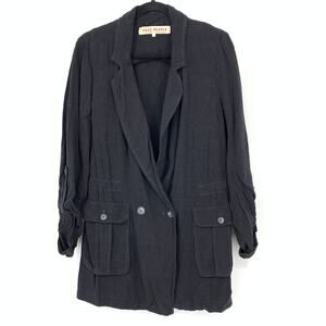 Free People Linen Blend Double Breasted Blazer Jacket Womens Sz Small Black